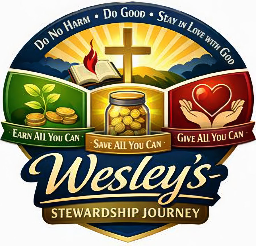 Wesley's Stewardship Journey logo: Do No Harm, Do Good, Stay in Love with God. Earn all you can, save all you can, give all you can.